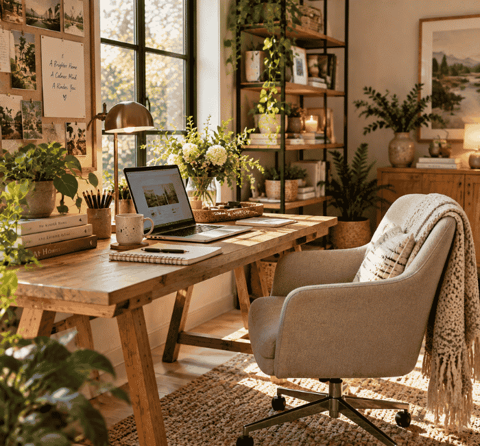 Organized home workspace showing productive things to do at home with clean decor and storage