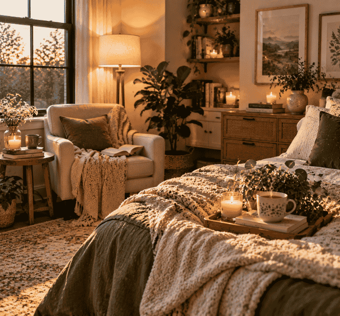 Relaxing home space with cozy bedroom decor candles plants and comfortable furniture