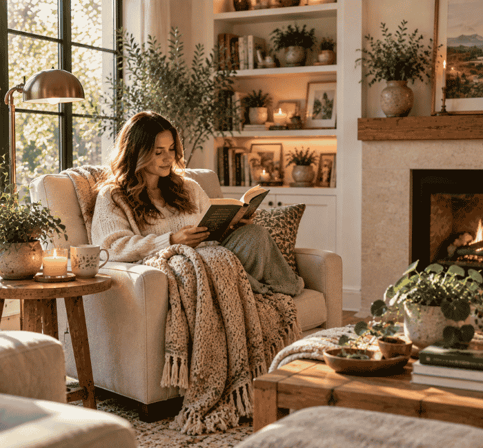 Person enjoying relaxing activities alone at home with a book tea and cozy interior decor