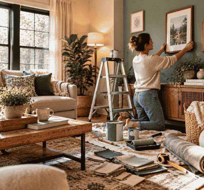 Weekend home improvement project with decorating tools and room makeover ideas