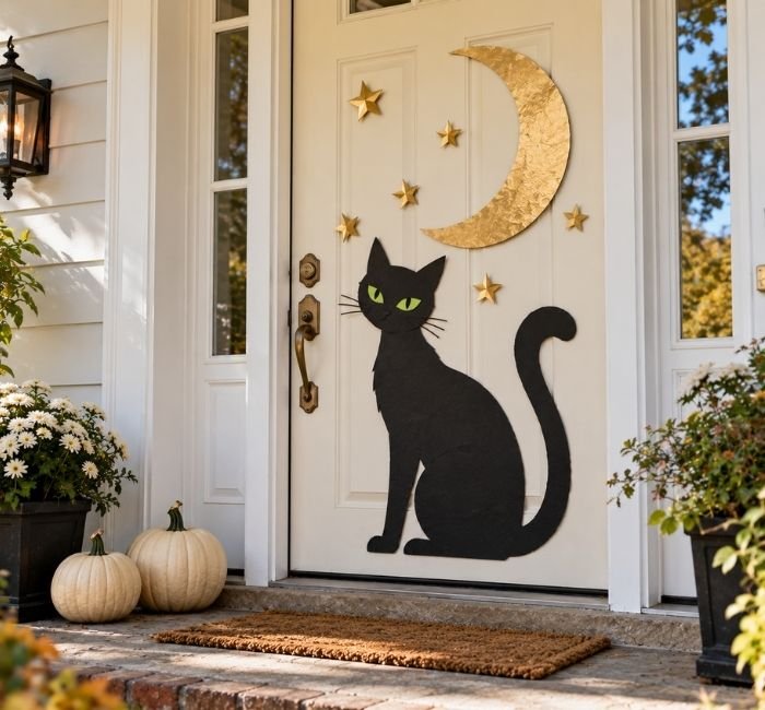 Ivory front door with a handmade black cat silhouette beneath a golden crescent moon.
