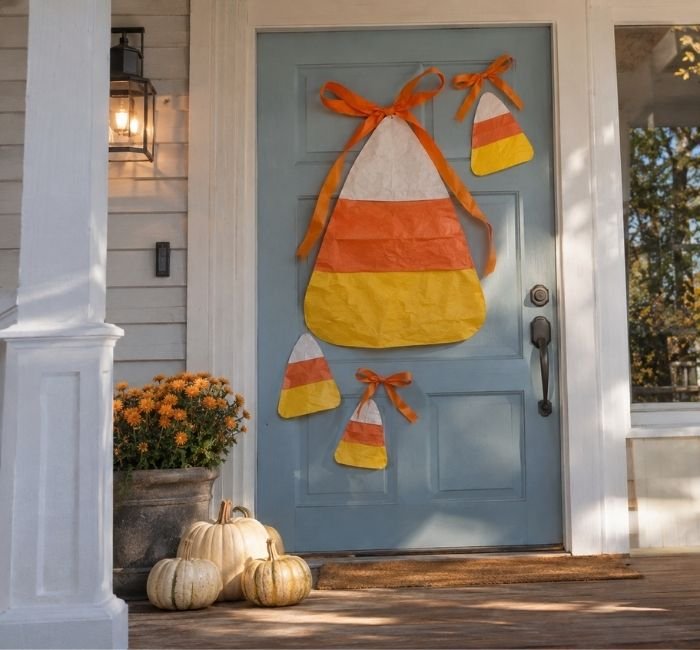 Pale blue Halloween door decorated with large orange, yellow, and white candy corn cutouts.