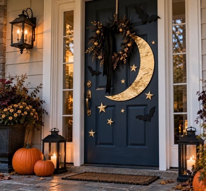 Midnight-blue Halloween door decorated with a golden crescent moon, metallic stars, and black bats.