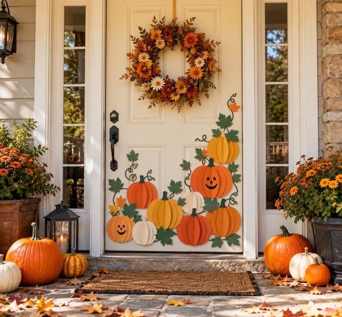 Cream front door decorated with colorful paper pumpkins, green vines, and an autumn wreath.