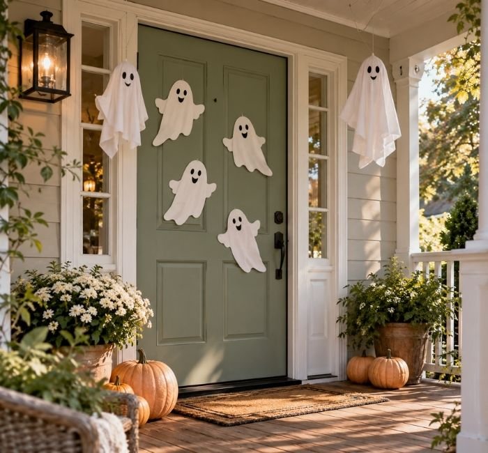 Sage-green Halloween front door decorated with cute white ghosts and pastel pumpkins.