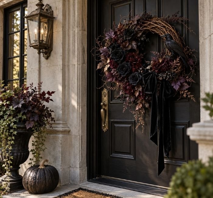 Elegant black front door with a gothic wreath featuring black roses, purple flowers, and velvet ribbon.