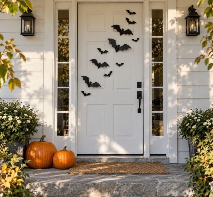 White Halloween front door with handmade black flying bats and orange pumpkins.