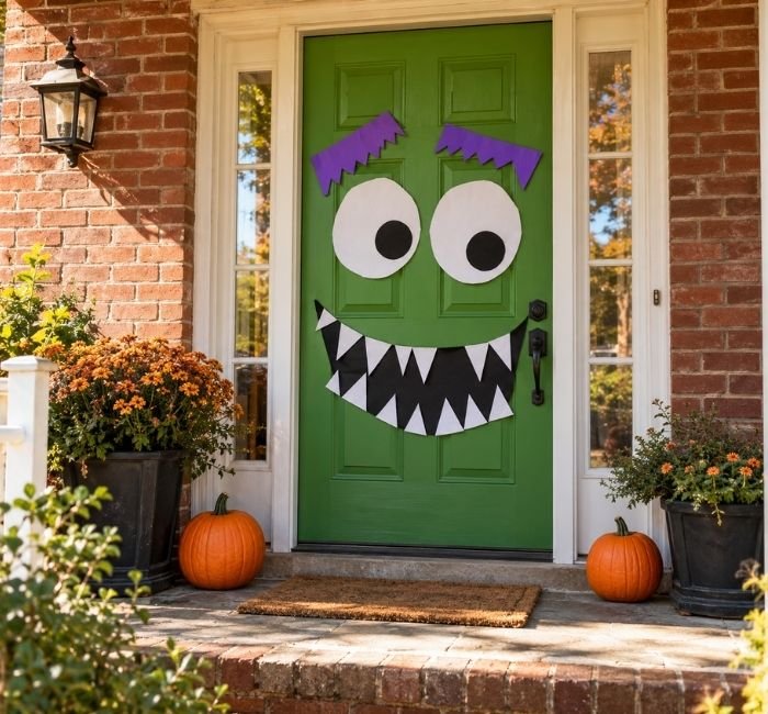 Green Halloween monster door with oversized eyes, purple eyebrows, and crooked white paper teeth.