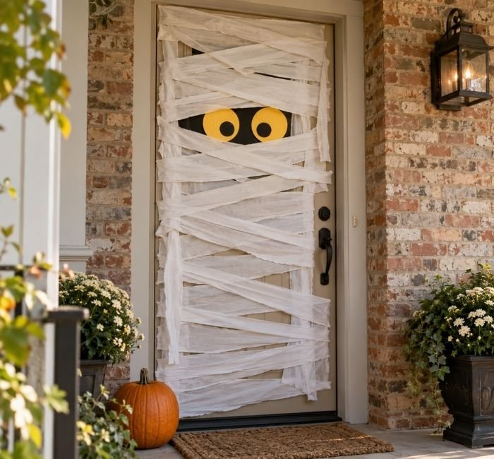 Halloween mummy front door wrapped in white fabric strips with large yellow eyes.