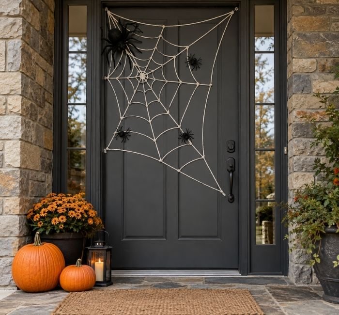 Charcoal front door featuring a large white spiderweb, black spiders, and Halloween pumpkins.
