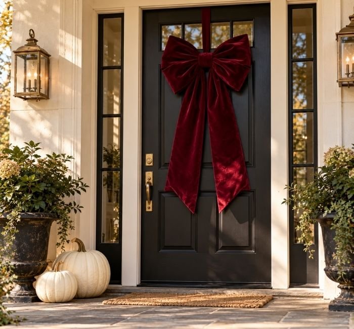 Modern black Halloween front door decorated with an oversized burgundy velvet bow and cream pumpkins.