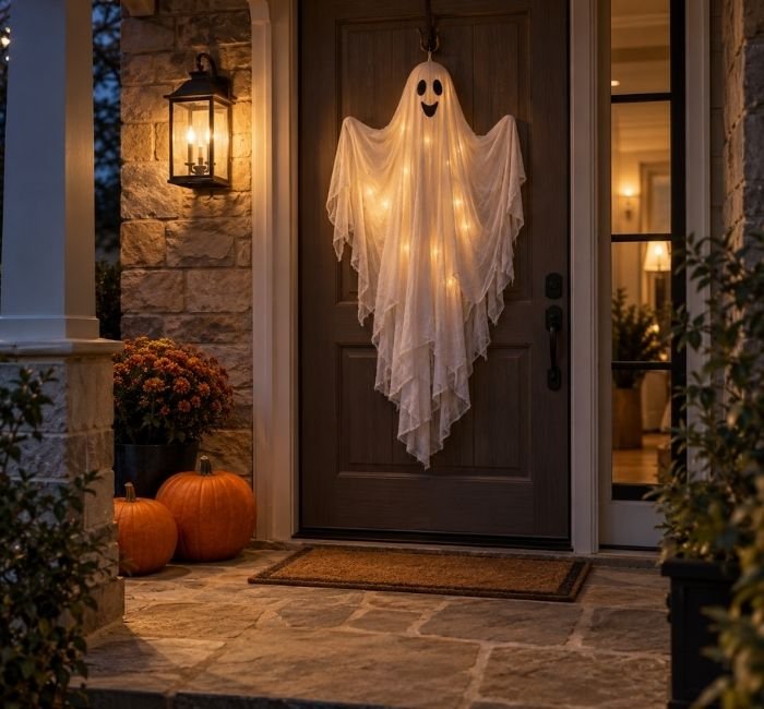 Gray Halloween front door featuring a white fabric ghost softly illuminated by warm LED lights.