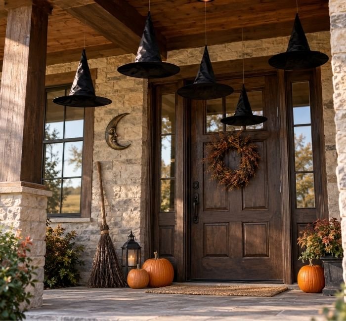 Rustic Halloween doorway with floating black witch hats, a decorative broom, and pumpkins