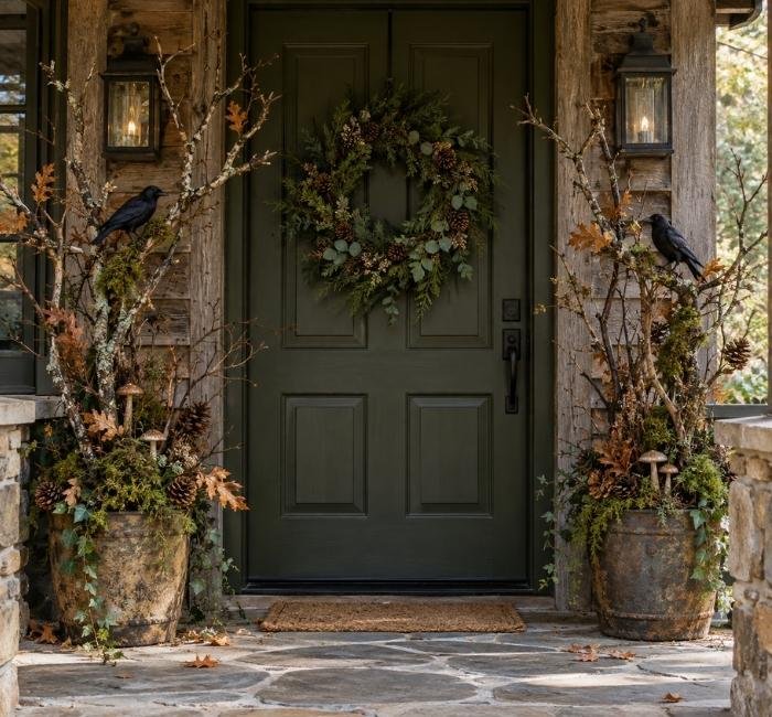 Rustic Halloween doorway surrounded by twisted branches, dark greenery, moss, and black ravens.