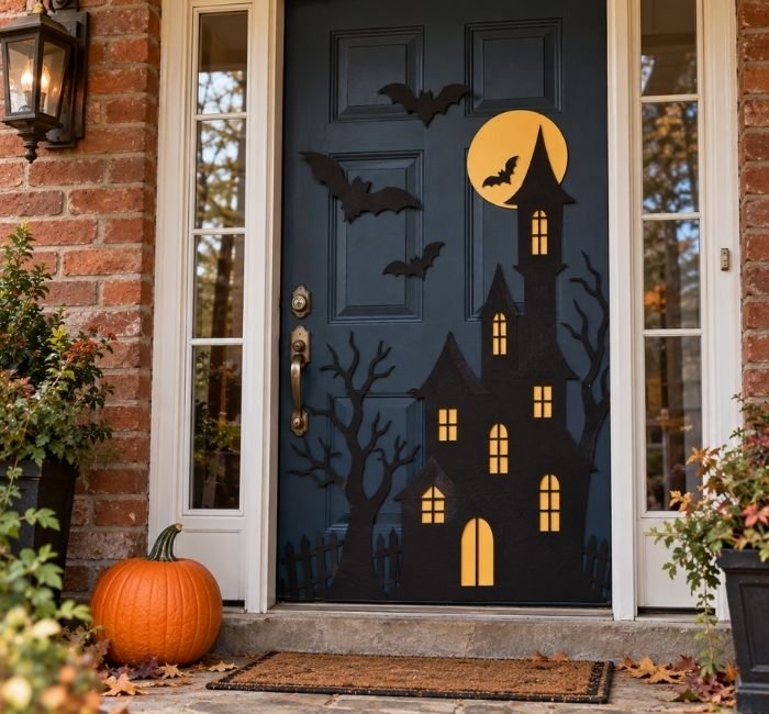 Dark blue Halloween front door decorated with spooky haunted house silhouettes, bats, and trees.
