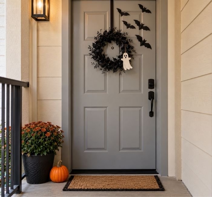 Minimalist apartment Halloween door with a small black wreath, paper bats, and a ghost ornament.