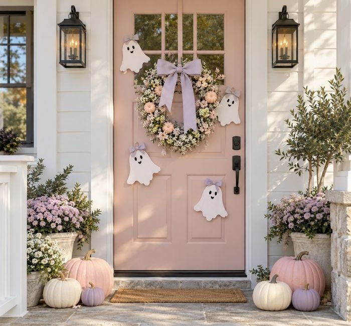 Blush-pink Halloween front door decorated with white ghosts, lavender bows, and pastel pumpkins.