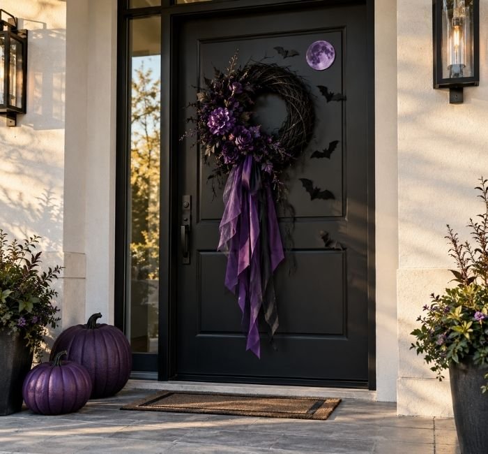 Charcoal Halloween door decorated with purple flowers, black bats, and dark purple pumpkins.