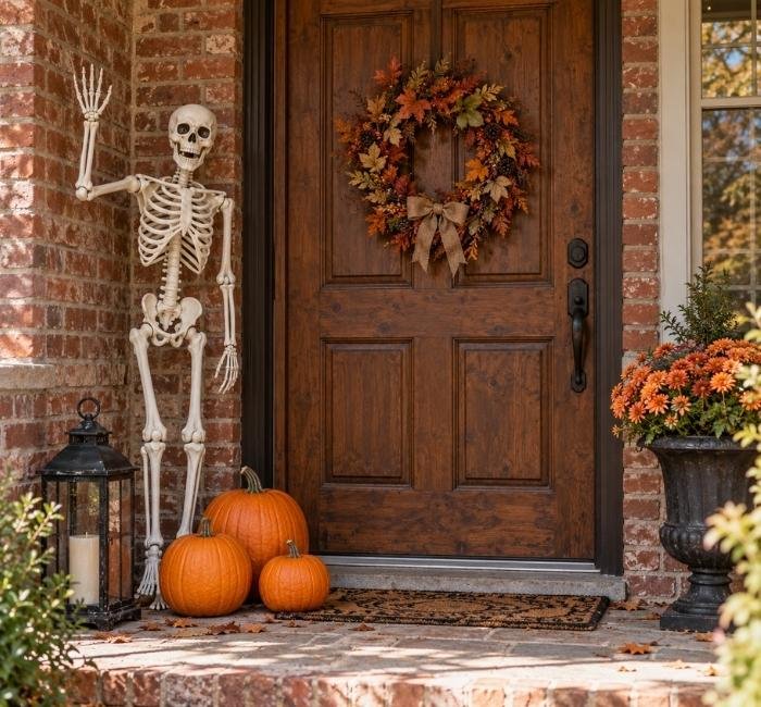 Halloween front porch with a waving skeleton beside a wooden door, pumpkins, and a lantern.