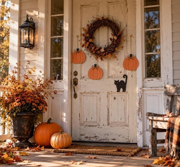 Vintage farmhouse Halloween front door with rustic pumpkins, a twig wreath, and black cat decorations.